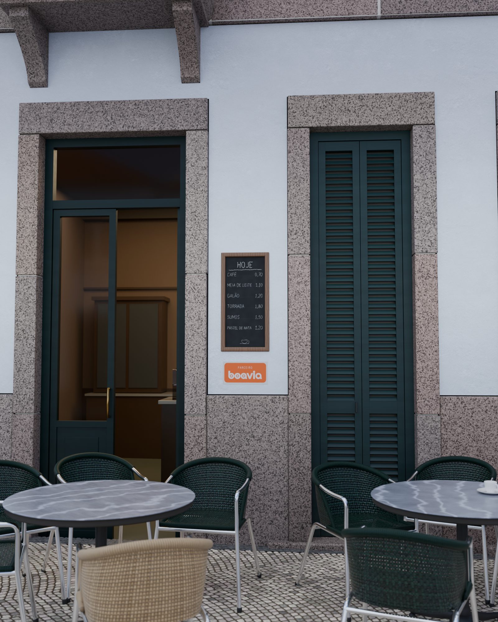 Frente de uma pastelaria de manhã, com a ardósia do dia e um autocolante Boavia na parede.