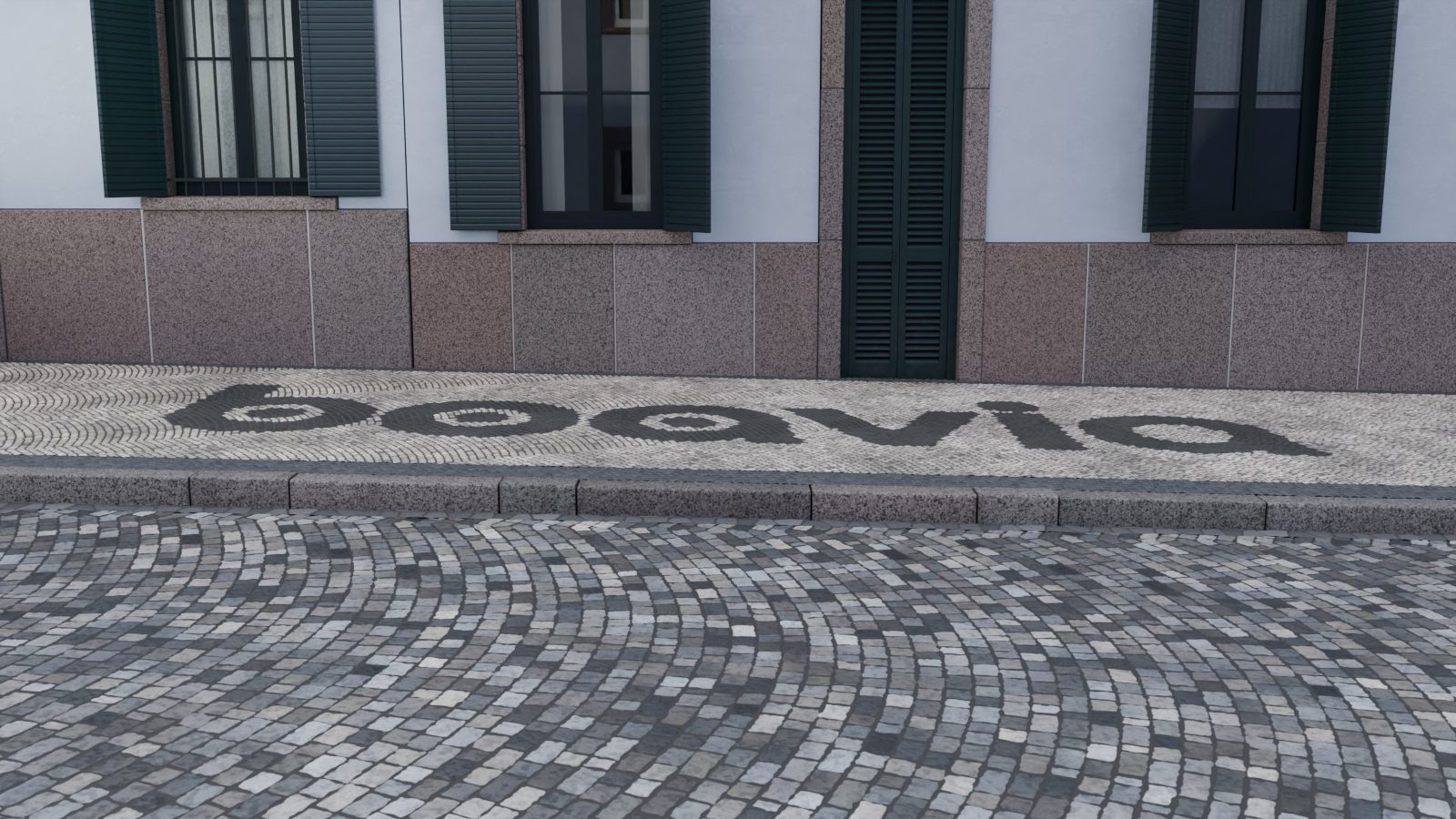 Rua a descer a partir da paragem, com a marca da Boavia em calçada portuguesa no passeio.