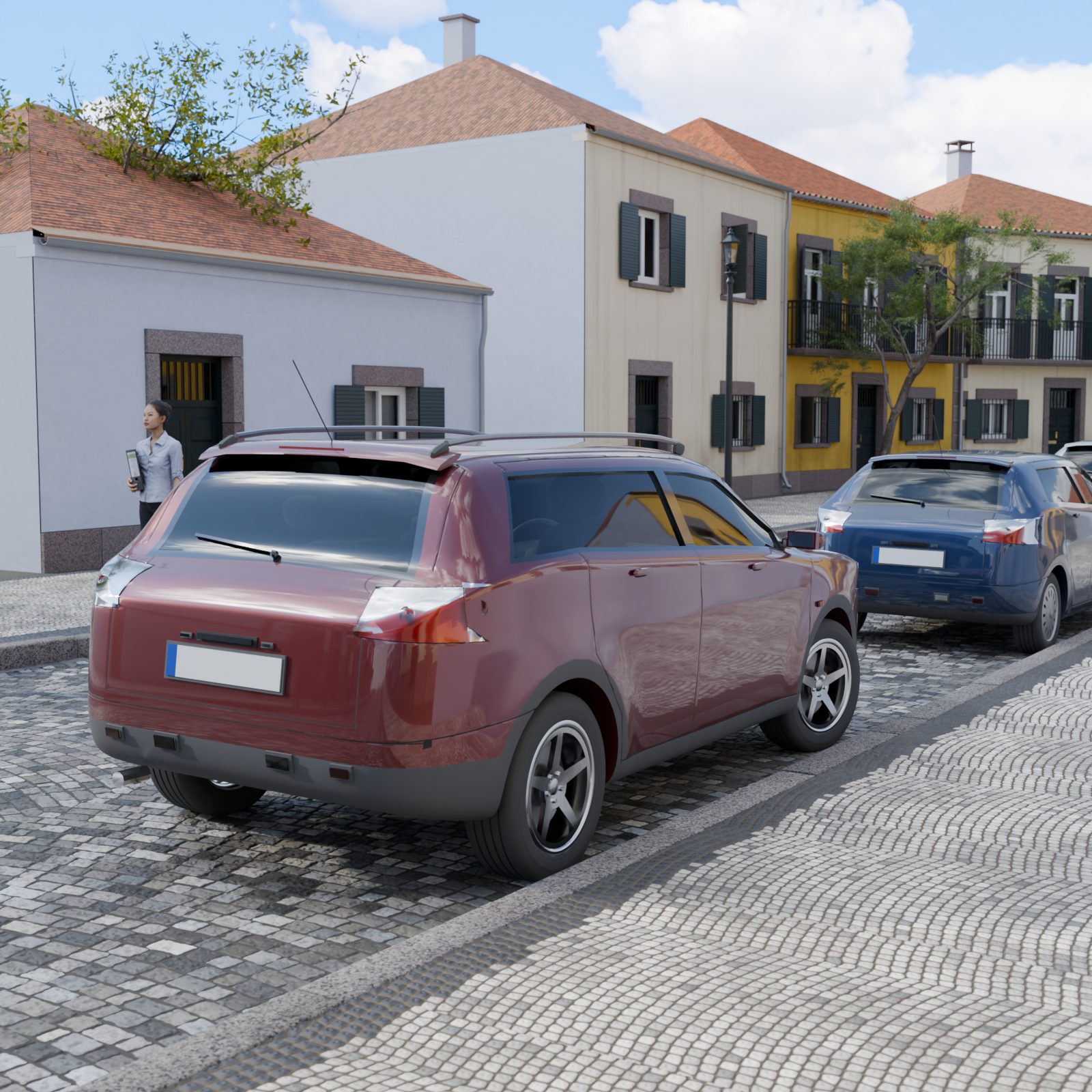 Carro estacionado, com a fachada branca do outro lado da rua refletida no vidro.