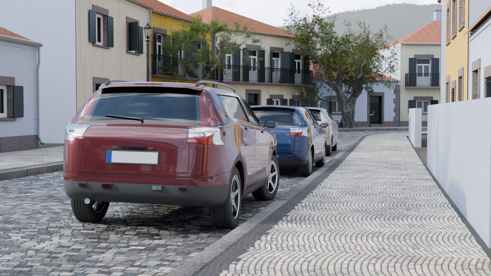 Carros estacionados ao longo do lancil, cedo, com a rua ainda vazia.