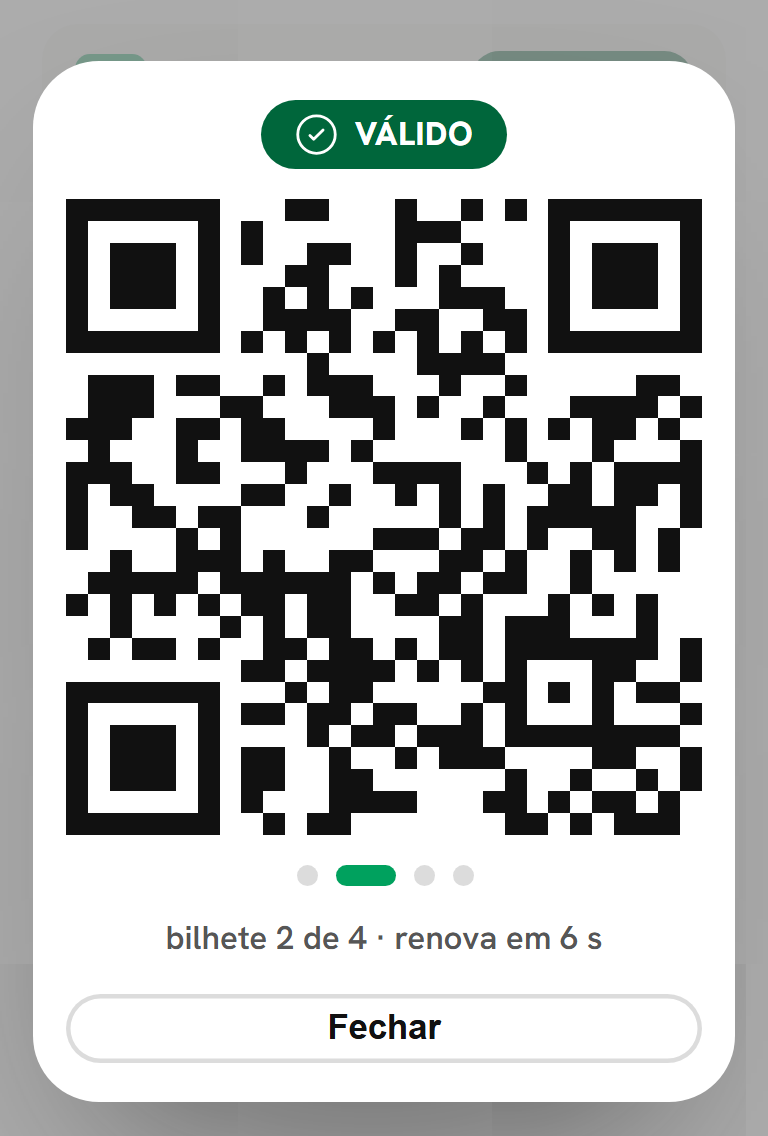 Bilhete no telemóvel, com o código pronto a mostrar.