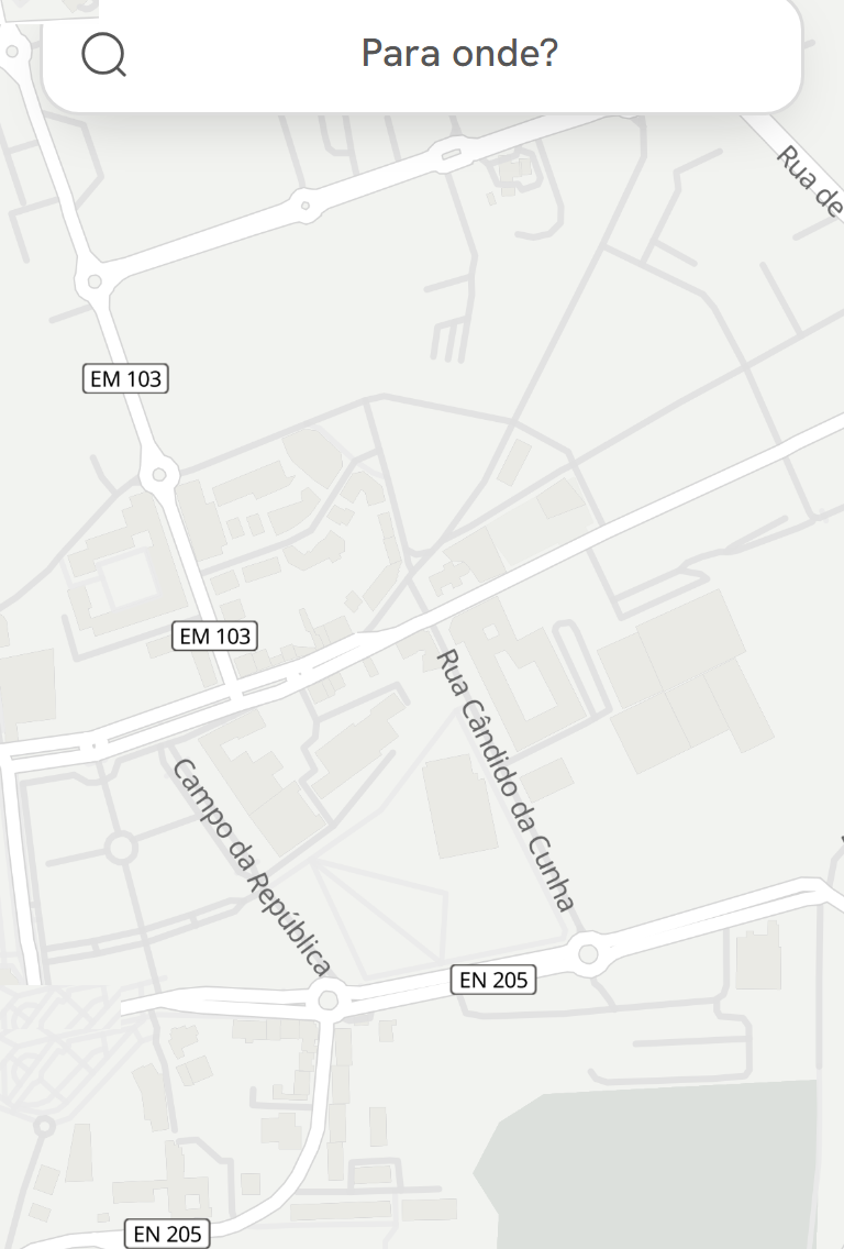 Ecrã da app com o mapa e o campo de pesquisa: para onde?