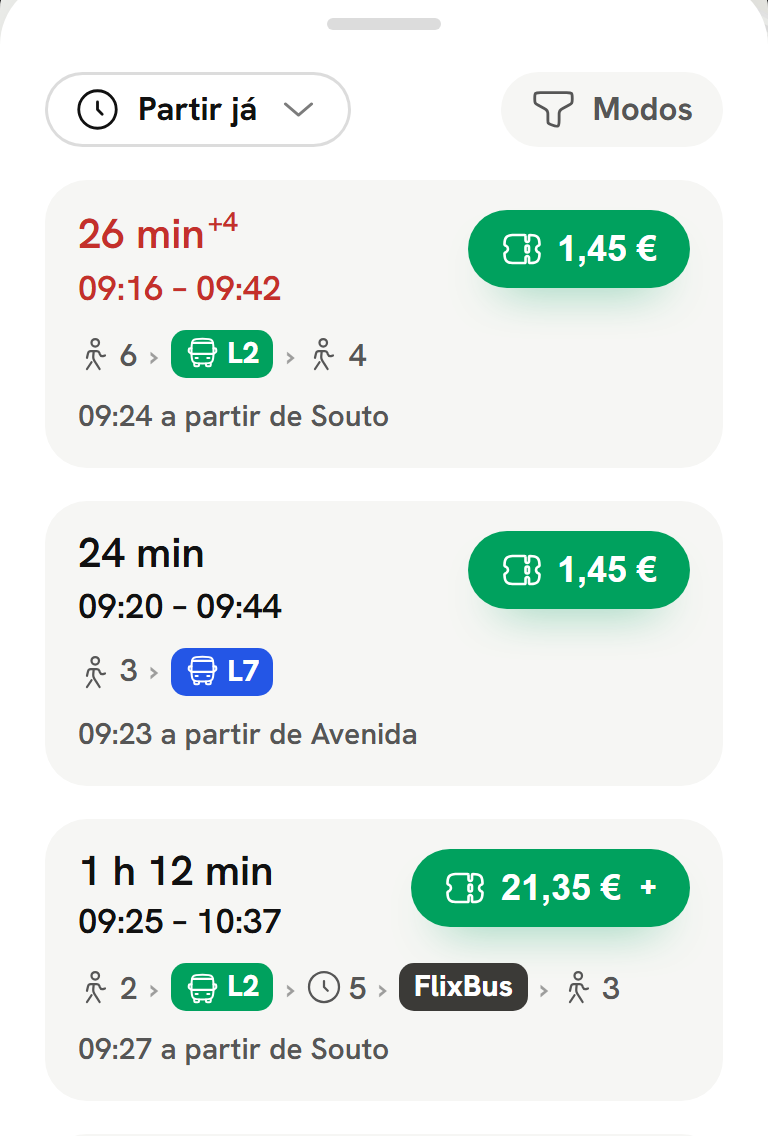 Ecrã da app com caminhos porta a porta: a pé e de transporte, com a hora e o preço.